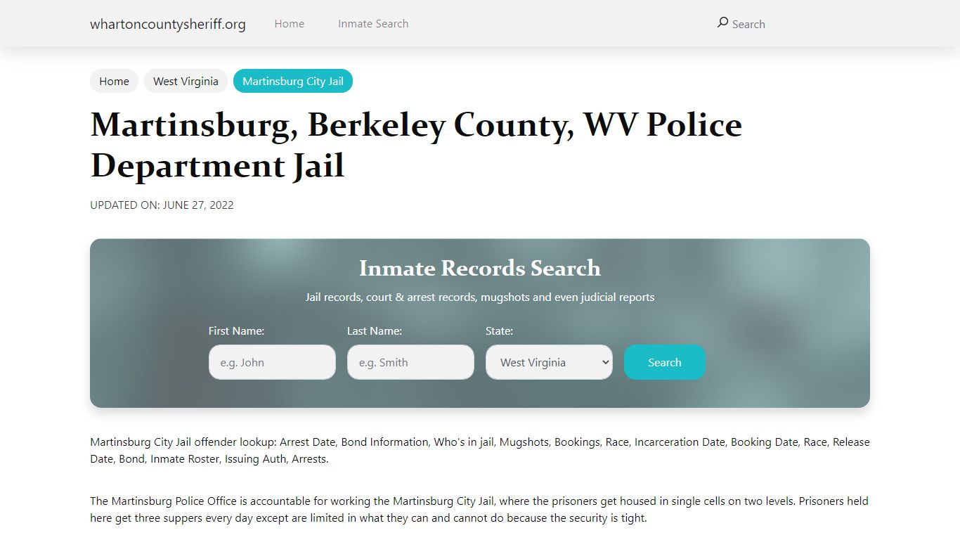 Martinsburg, WV City Jail Inmates, Arrests